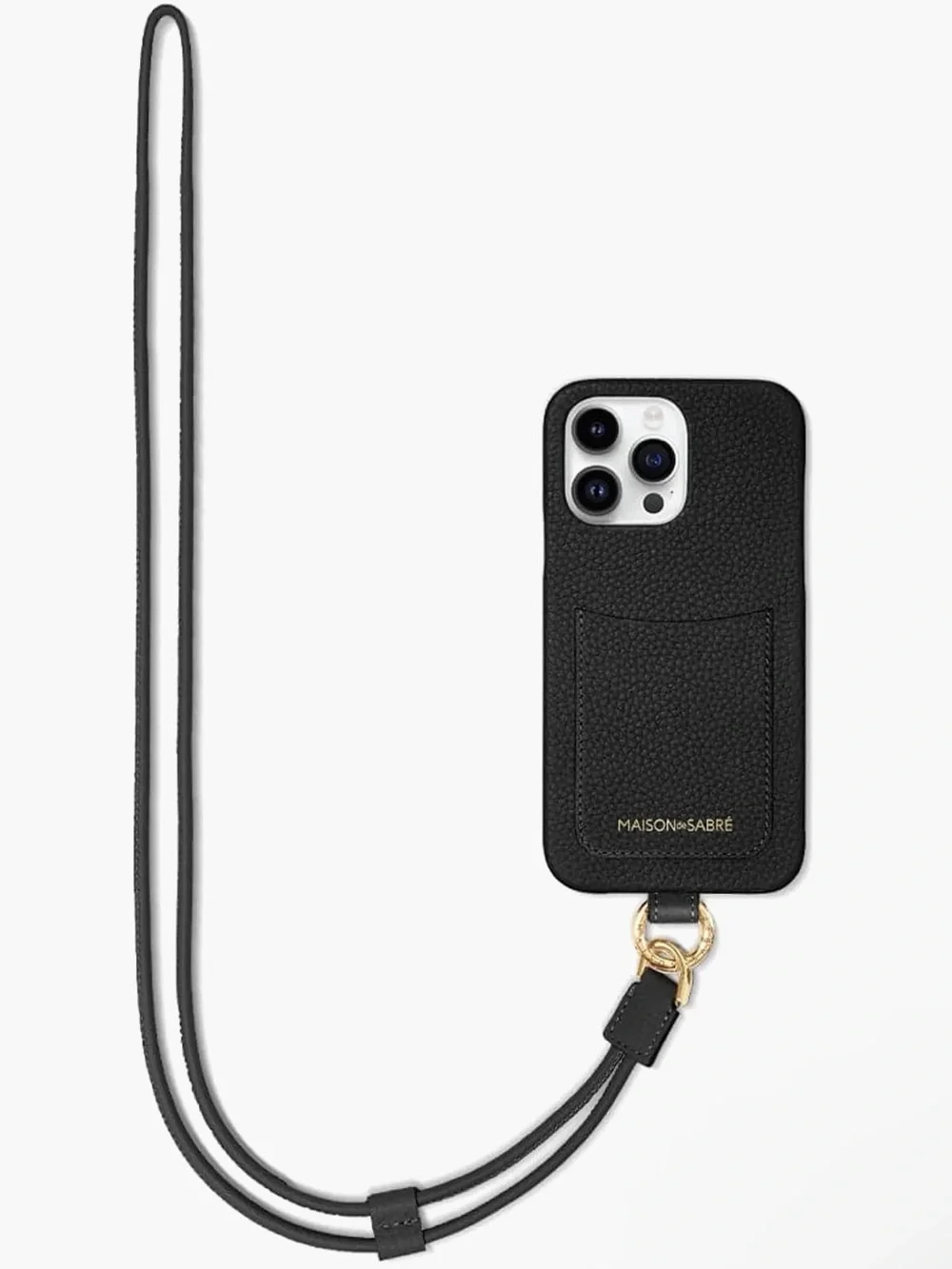 Maison de Sabre Sling Phone Case iPhone 14 Pro in Black Caviar and Gold Hardware